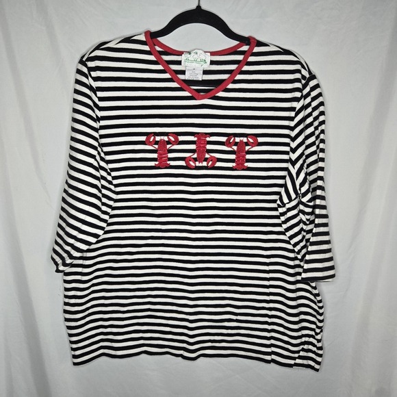 The Quacker Factory Tops - The Quacker Factory Striped Lobster Shirt 3/4 Sleeves 1X 100% Cotton Coastal